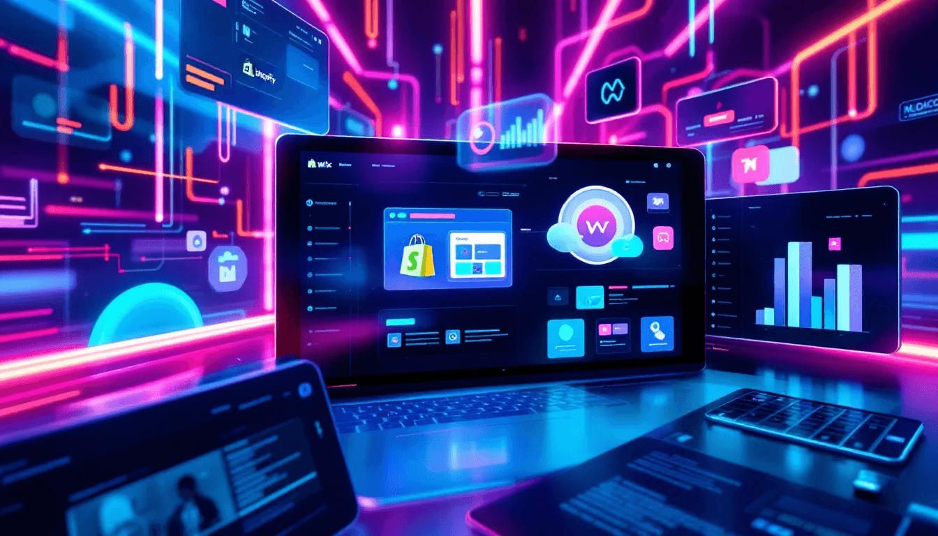 Neon screens showing e-commerce dashboards and platform icons