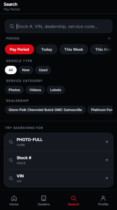 CartelOne's search screen, filtering services by pay period, vehicle type, service category and dealership