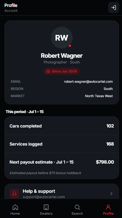 A photographer's CartelOne profile showing cars completed, services logged and the next payout estimate for the pay period