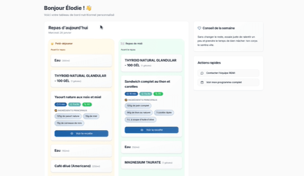 A patient's REMI AI dashboard showing the day's meals and supplements, with a tip of the week and quick actions