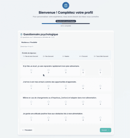 REMI AI's onboarding questionnaire, rating statements about eating habits on a five-point scale