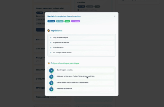 A REMI AI recipe pop-up listing the ingredients and step-by-step preparation for a meal in the plan