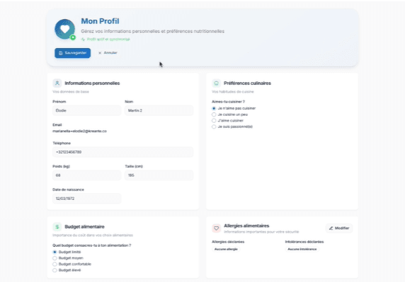 A REMI AI patient profile with personal details, cooking preferences, food budget and declared allergies