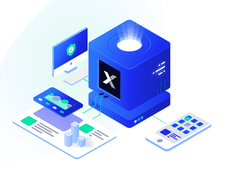 Isometric illustration of the Xano backend connected to several screens