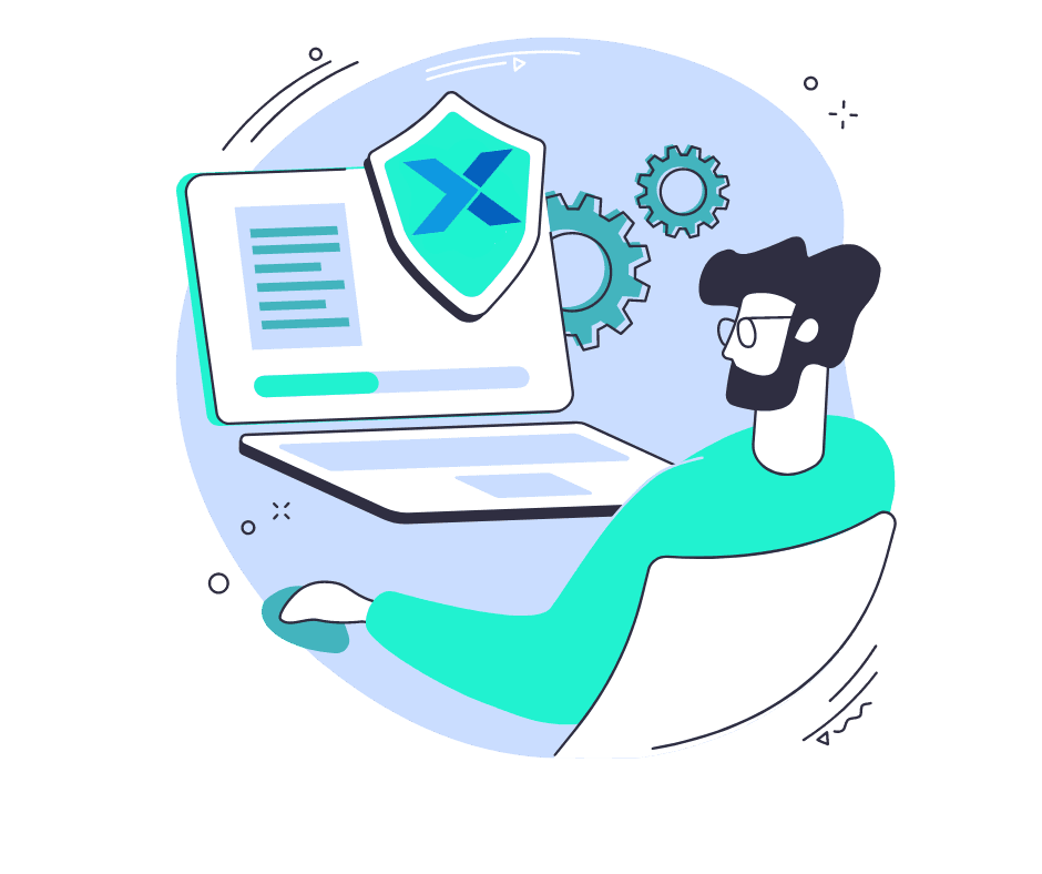 Illustration of a laptop protected by a shield, with a person working alongside