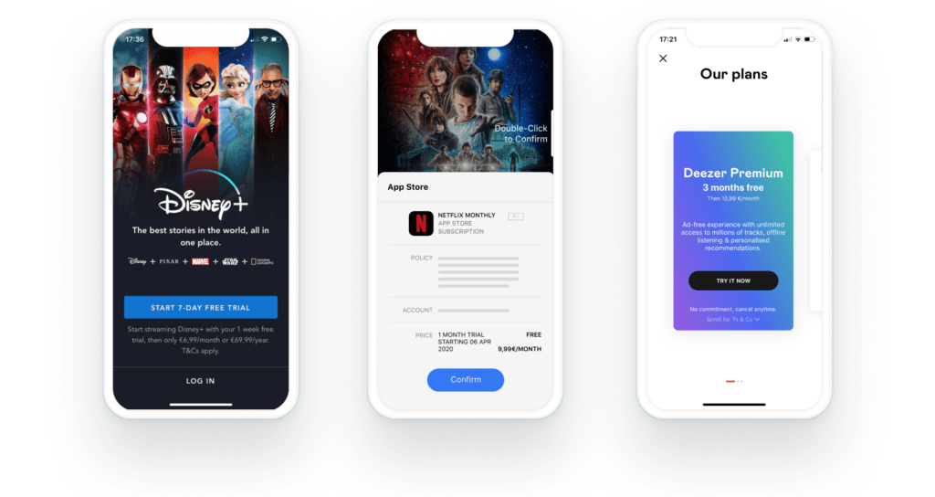 Three phone screens showing streaming app subscription plans and their free trial offers