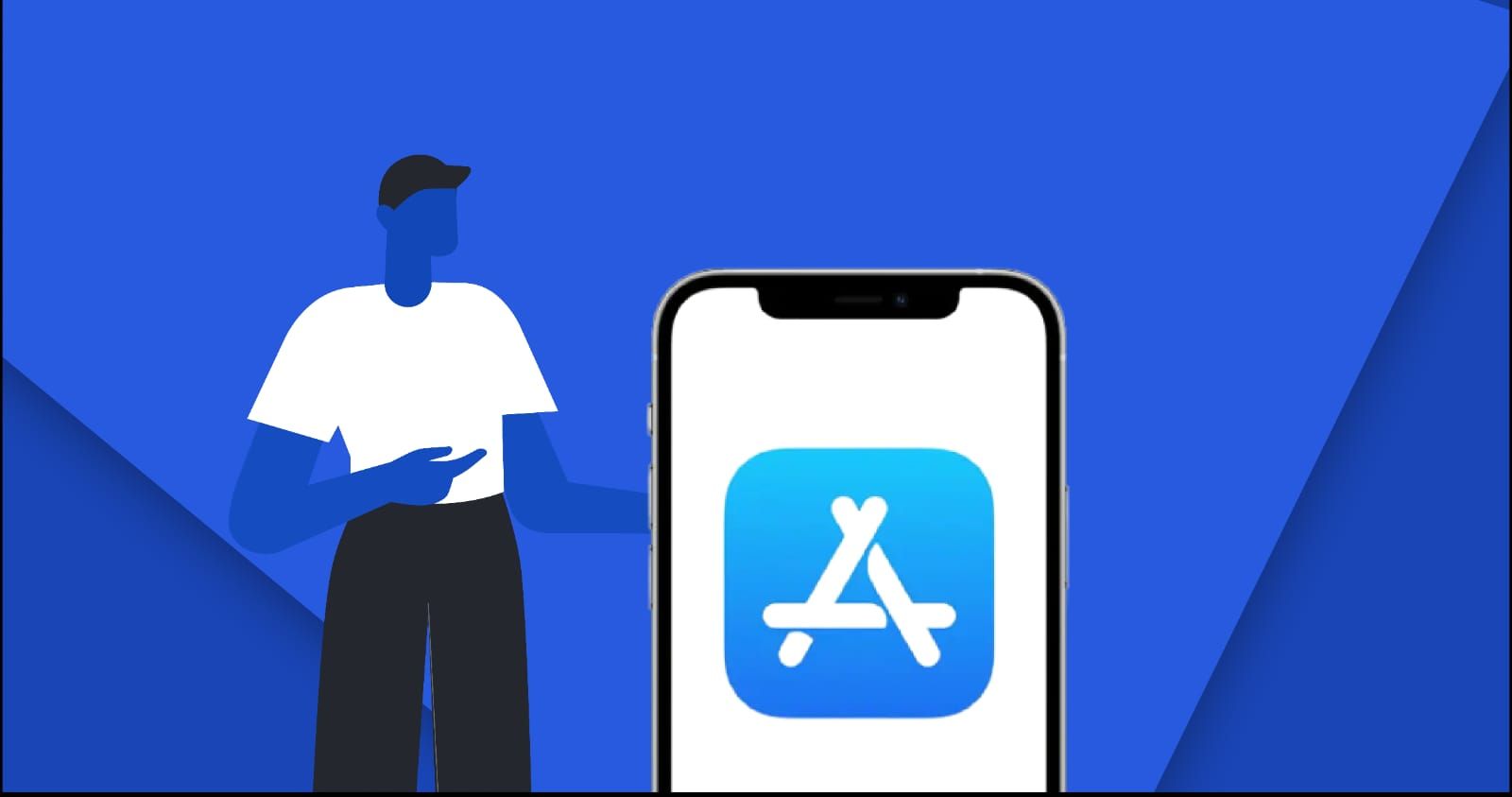 Illustration of a person beside a phone displaying the Apple App Store icon
