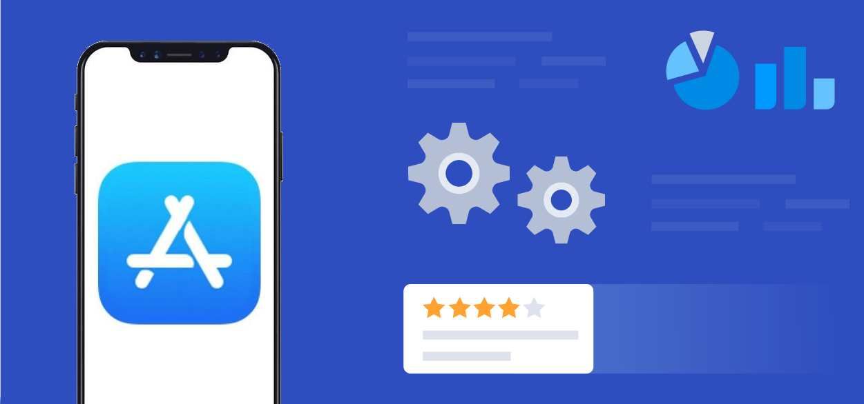 Illustration of an App Store listing on a phone, with settings, ratings and charts alongside