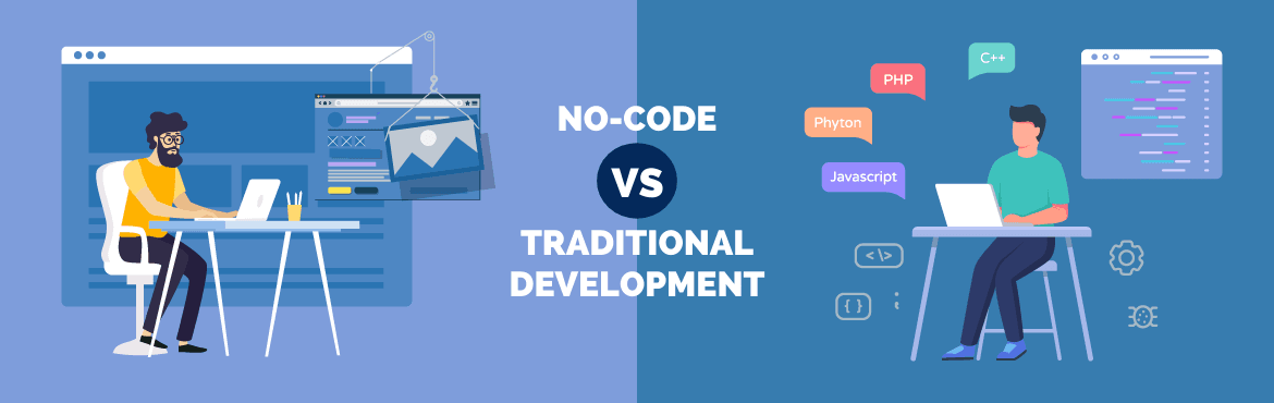 Illustration comparing no-code and traditional development, with a builder on one side and a coder on the other