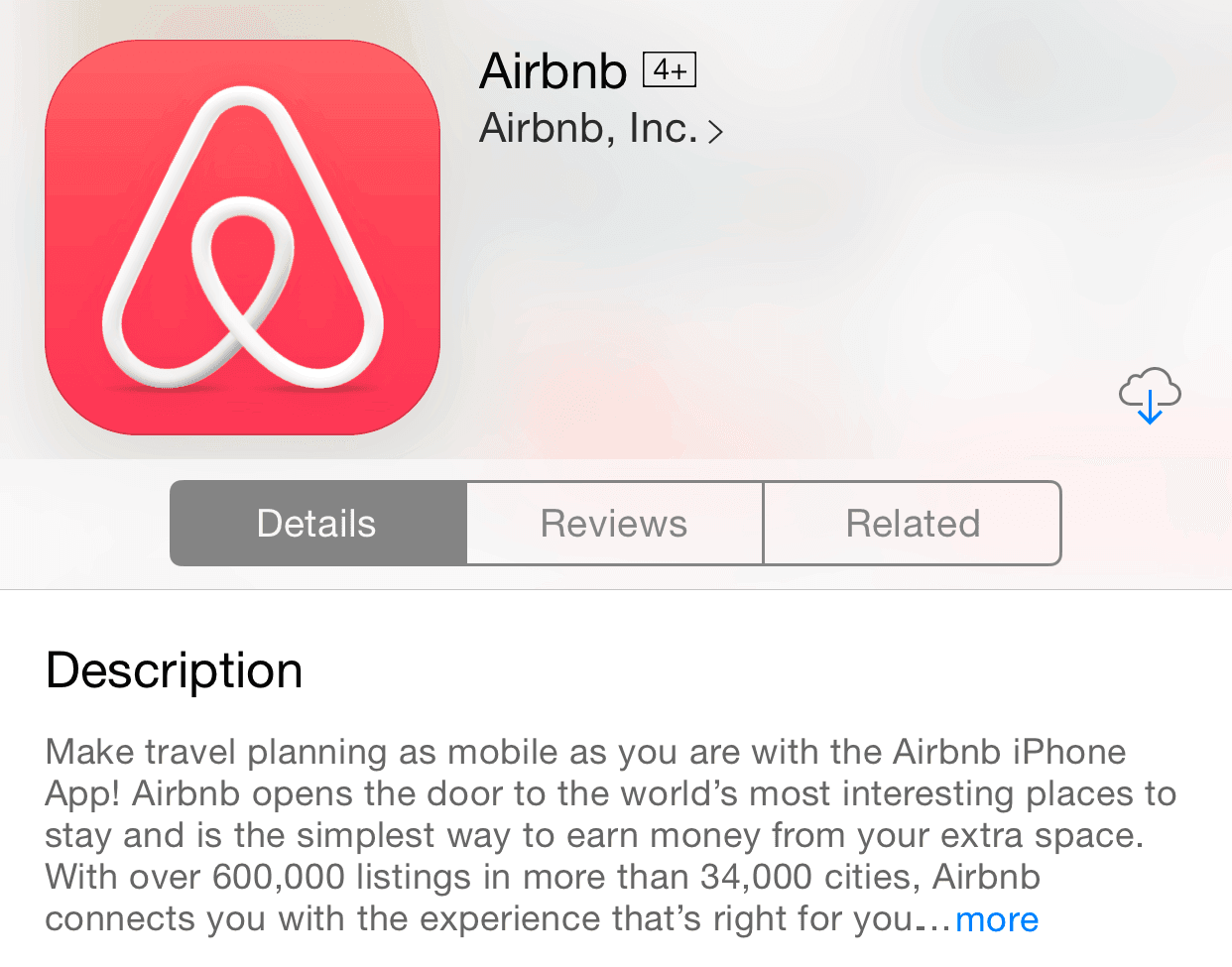Screenshot of the Airbnb listing on the App Store, showing the app description