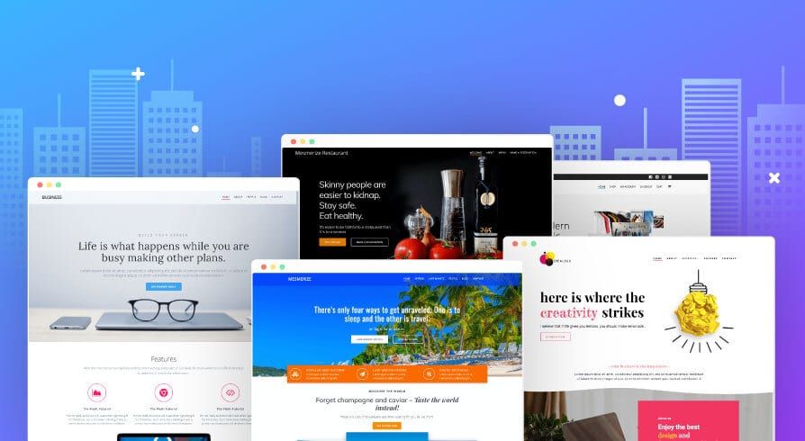 Several website designs stacked in front of an illustrated city skyline