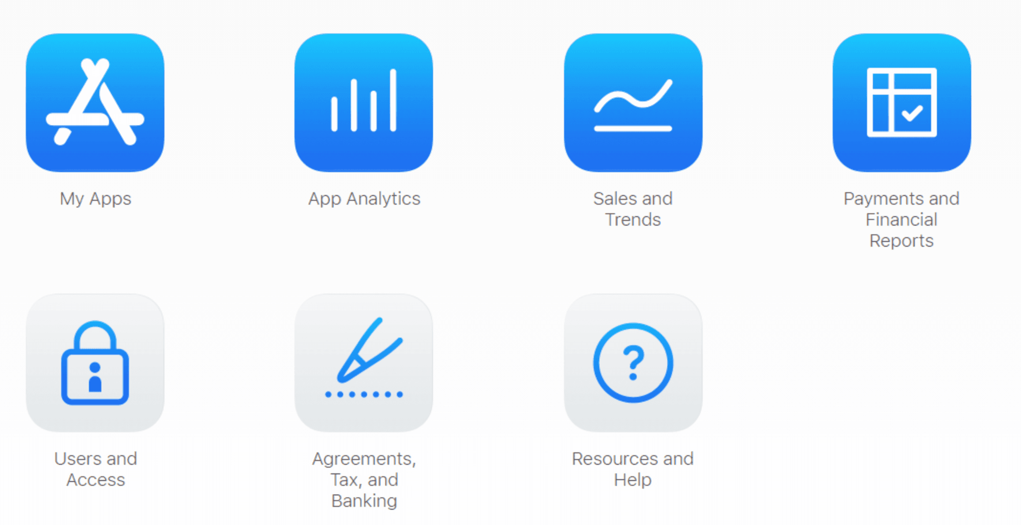 App Store Connect menu icons: My Apps, App Analytics, Sales and Trends, Payments, Users and Access, Agreements and Resources