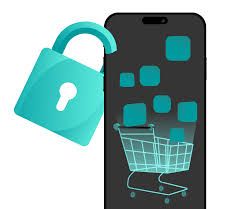 Illustration of a padlock and a shopping trolley in front of a smartphone, representing secure in-app purchases