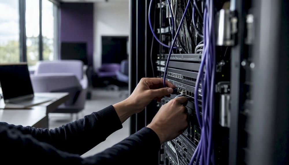 Hands wiring server cables in billing system setup