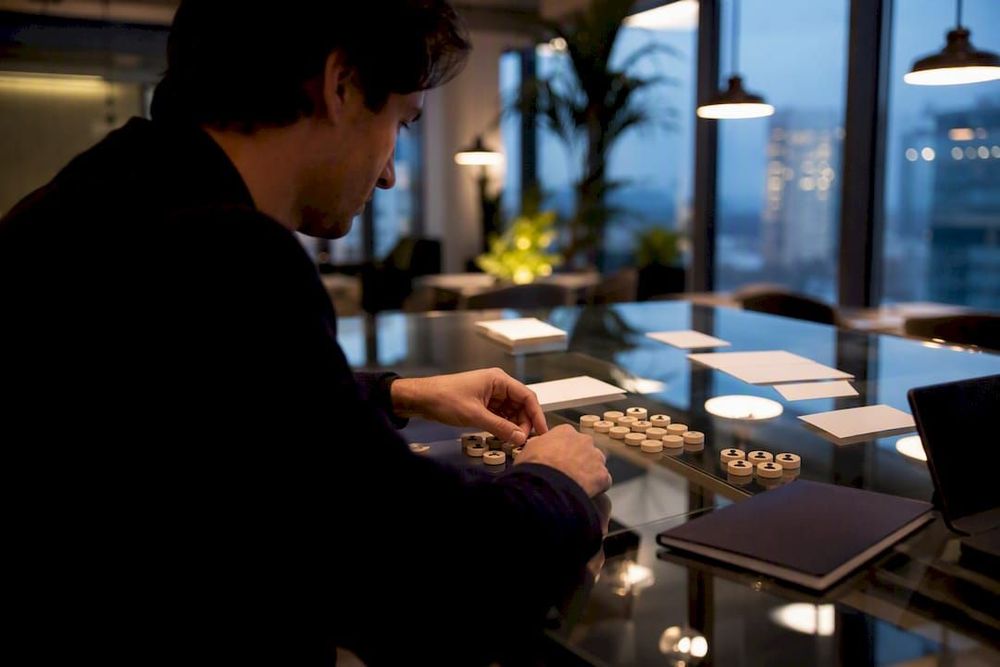 Hands arranging supplier and buyer tokens on table