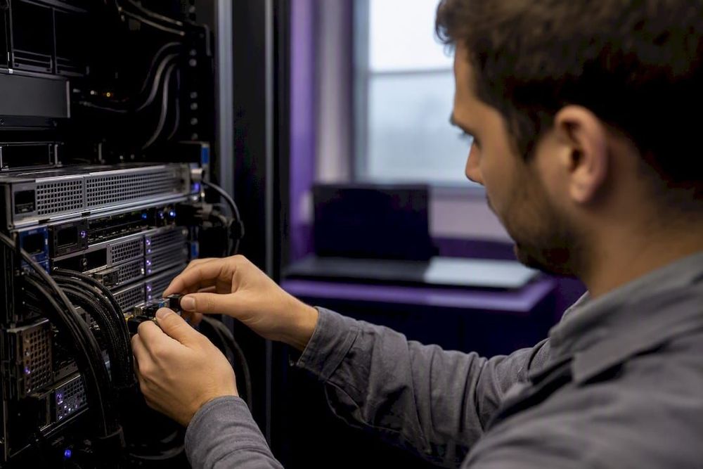 Hands adjusting cables in server room