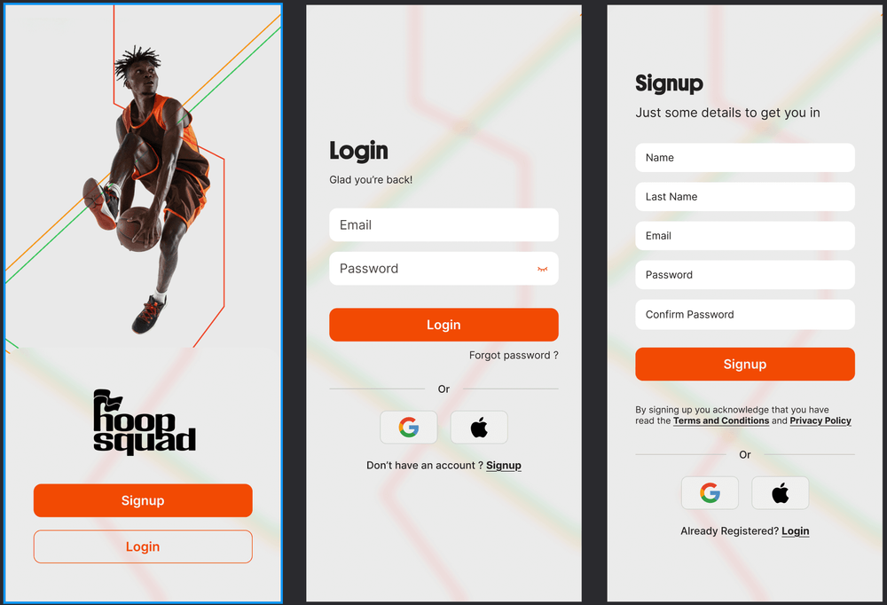 Three Hoopsquad screens: the welcome screen with the logo, and the login and signup forms with Google and Apple options