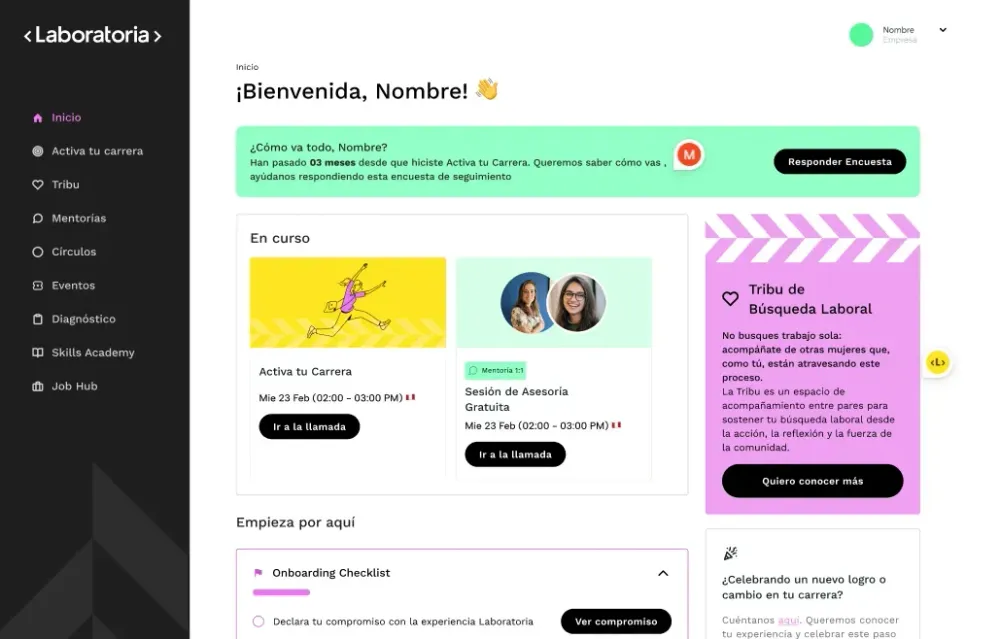 Laboratoria+ membership platform with courses, career mentoring and events for women in Latin America
