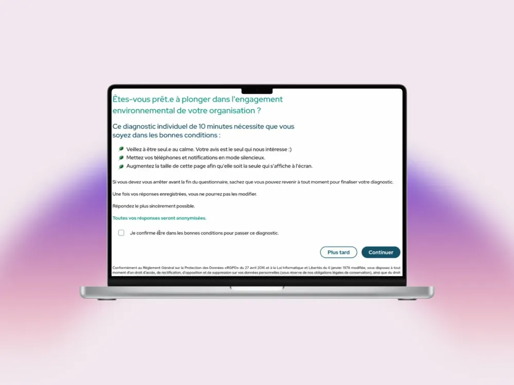 A laptop showing the Pure Engagement questionnaire intro screen, with the conditions for taking the 10-minute diagnostic and a confirmation checkbox