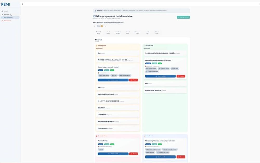REMI AI's weekly programme: one day's breakfast, lunch, snack and dinner with recipes and supplement doses, plus a shopping-list button