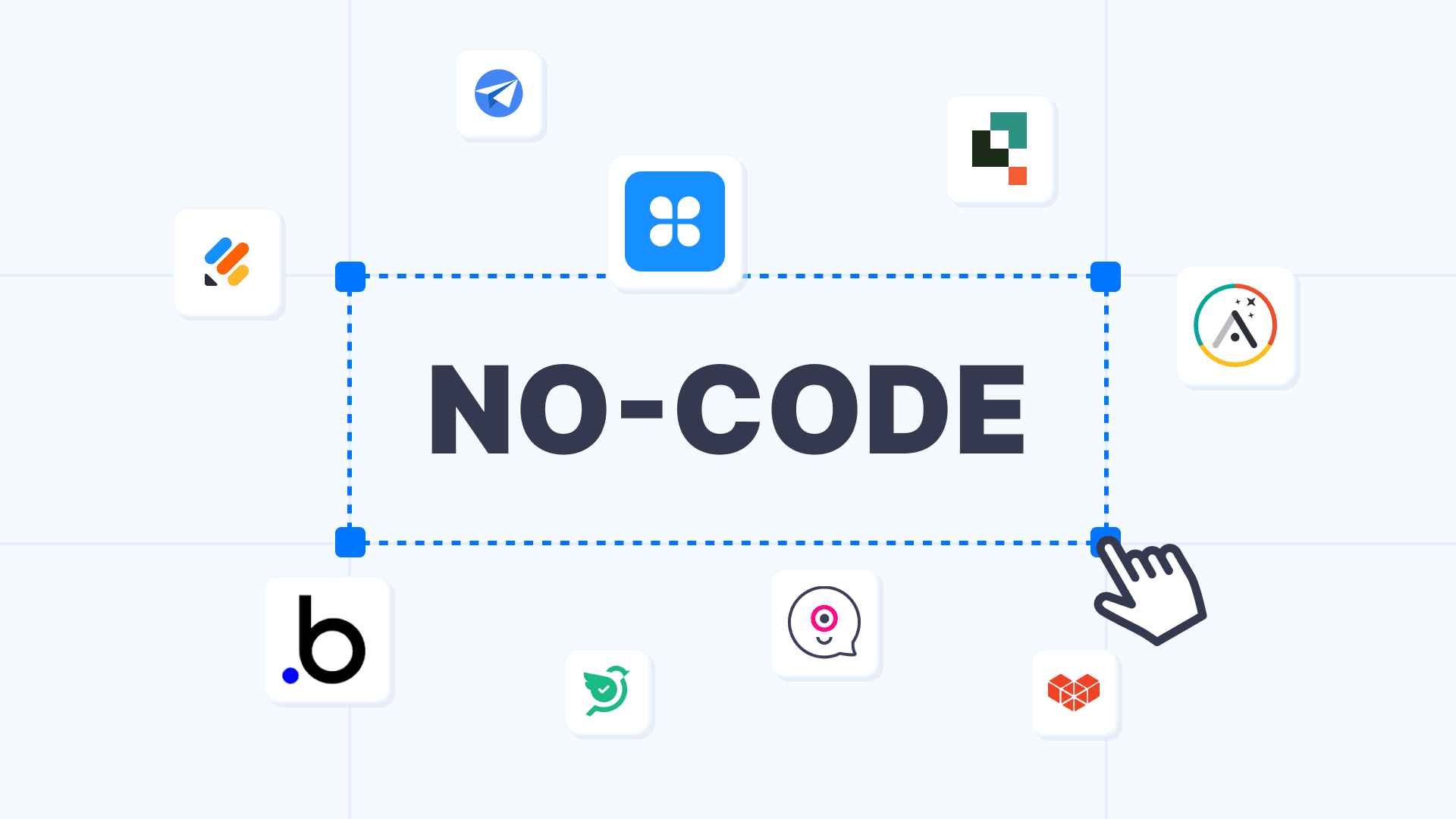 The words NO-CODE selected on a design canvas, surrounded by NoCode tool icons