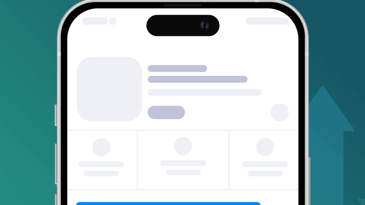 Illustration of a phone showing an app page with a placeholder promotional text at the top
