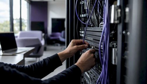 Hands wiring server cables in billing system setup
