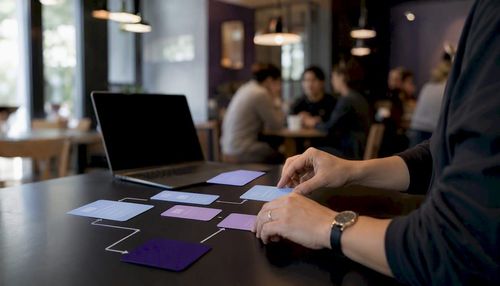 Hands manipulating digital document flow overlays