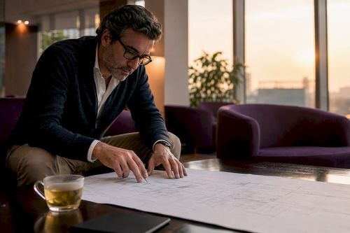 Executive studying architecture blueprint on table