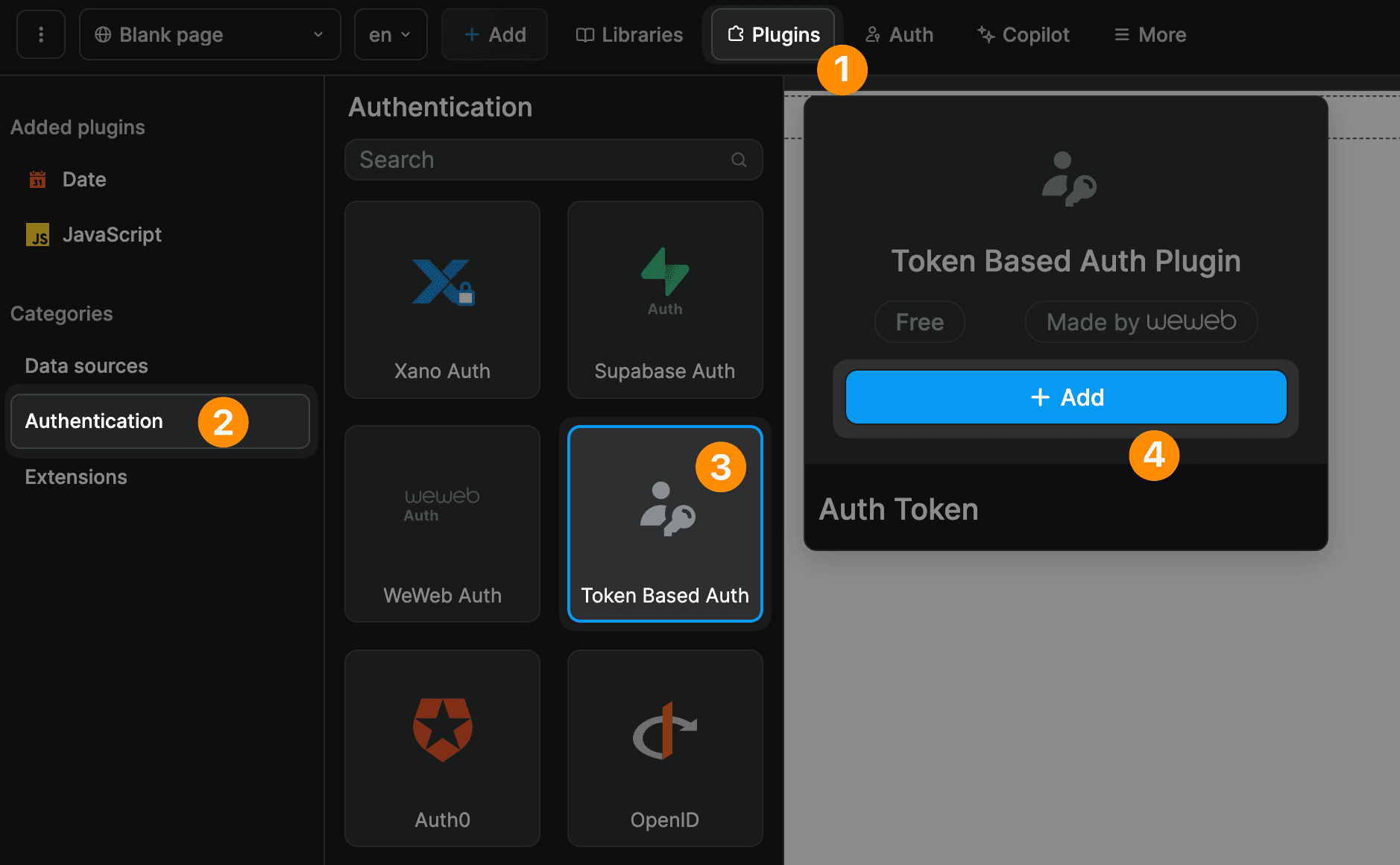 WeWeb plugins panel showing the authentication options, with the token-based auth plugin selected